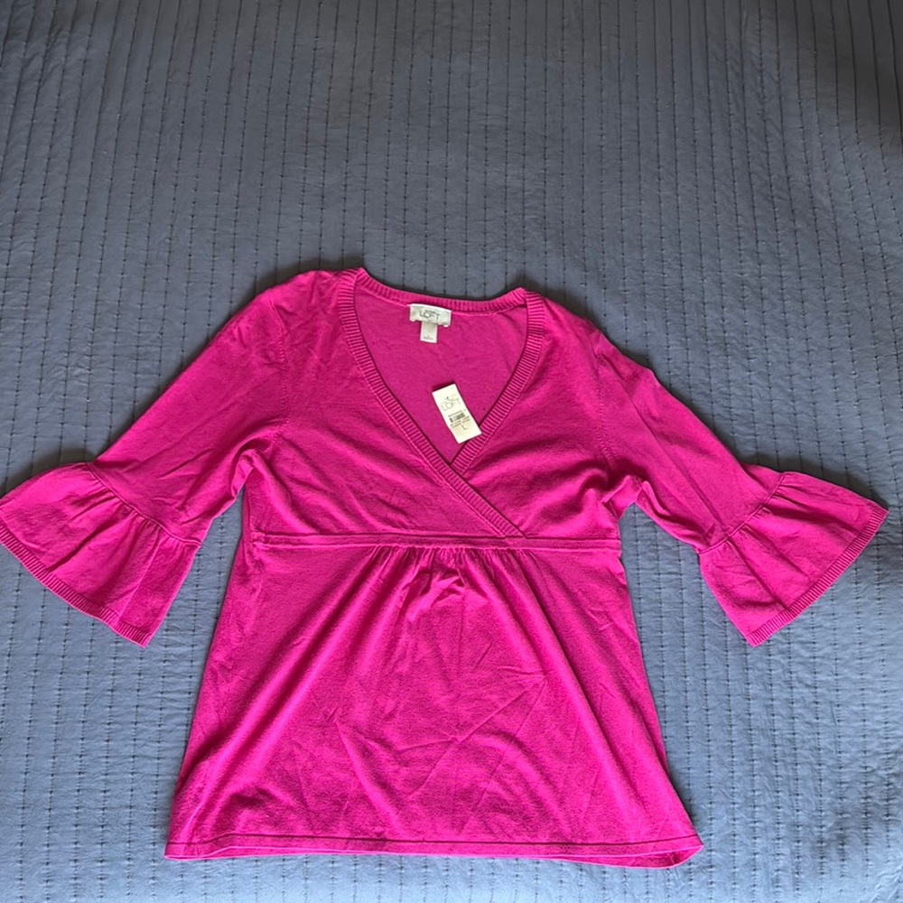 LOFT Pink Ruffled Wrap Blouse with Bell Sleeves